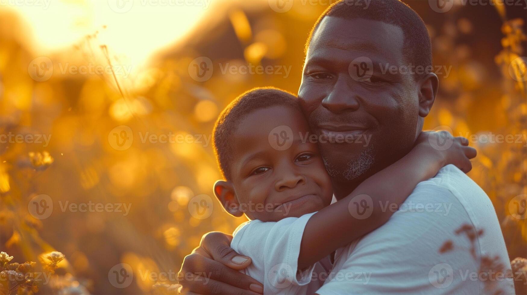 AI generated Father and son hugging in the park at sunset. Happy family. photo