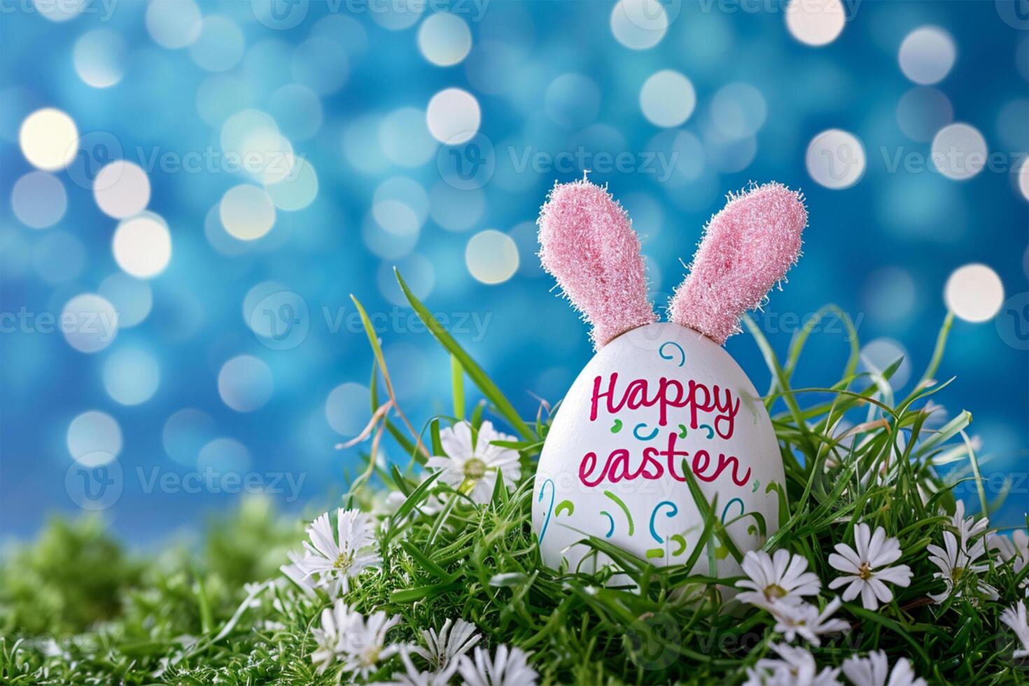 AI generated Happy Easter greeting card with white bunny ears and eggs on green background photo