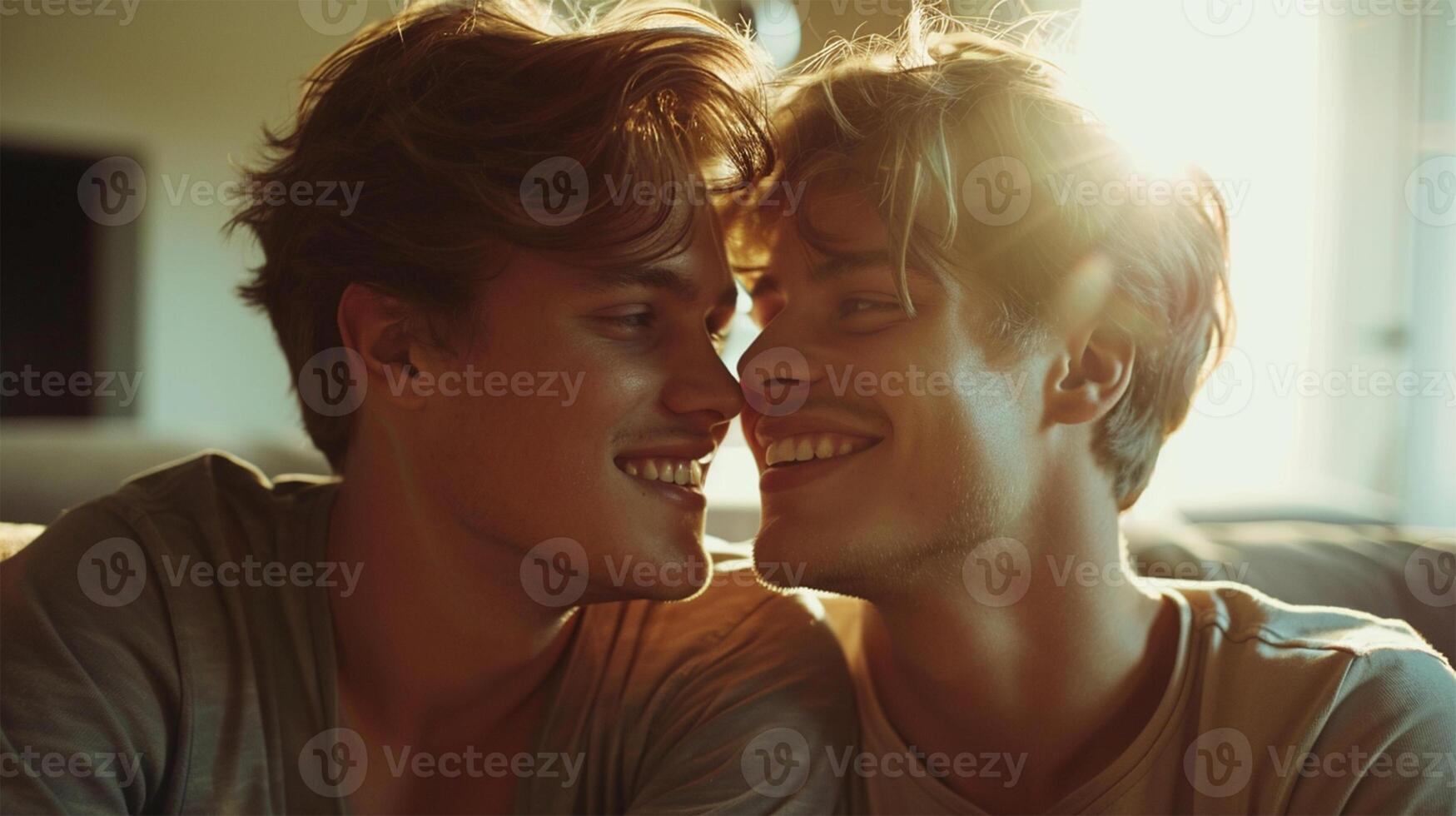 ai generado cerca arriba de joven gay Pareja sonriente mientras sentado en sofá a hogar foto