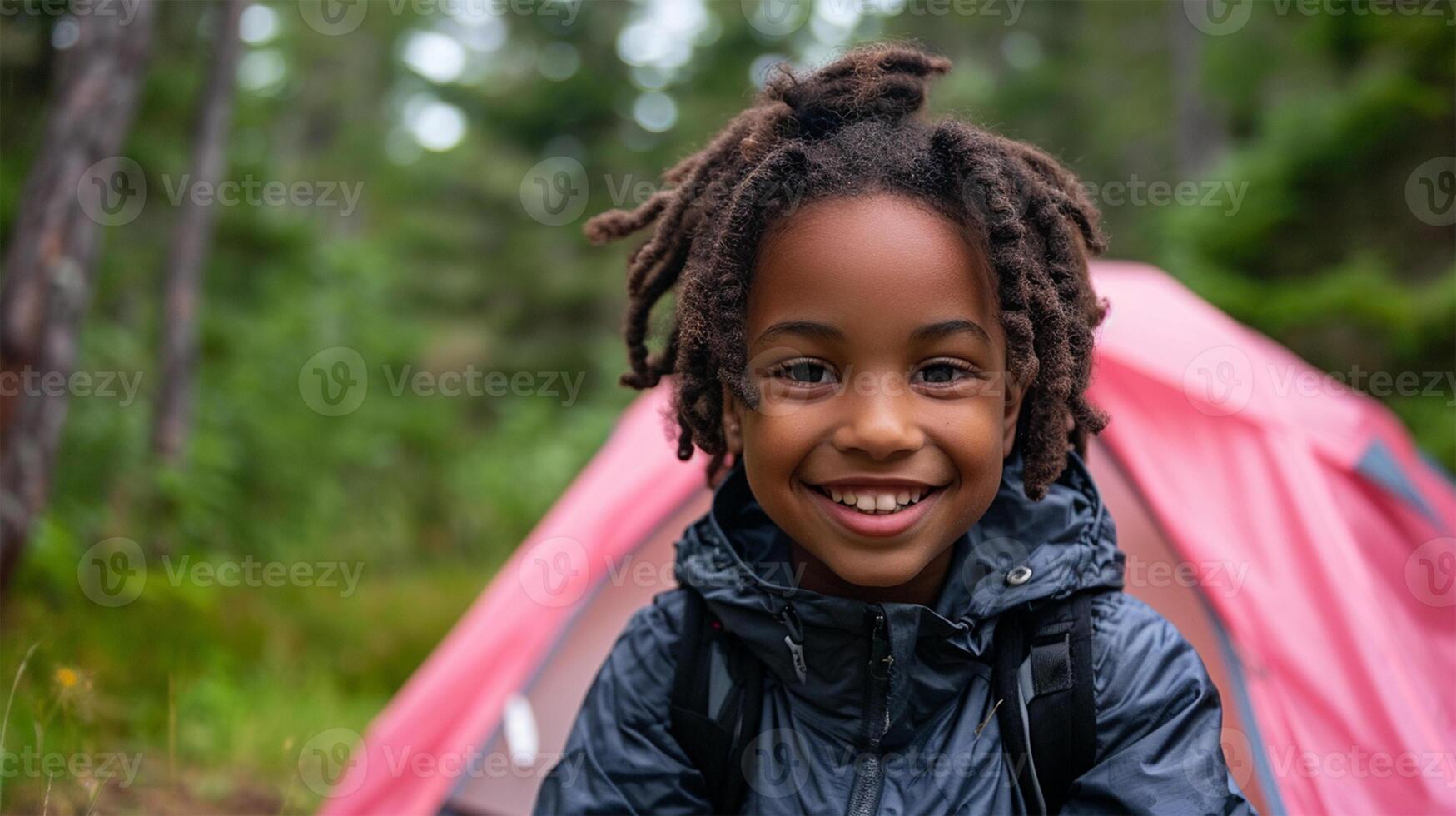 AI generated hild sitting near tent in forest  in front of camping tent photo