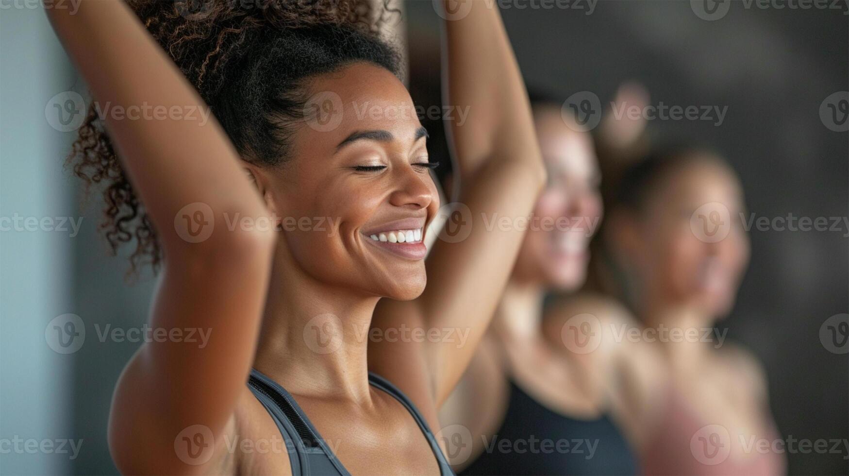 AI generated Portrait of smiling people doing yoga in gym photo