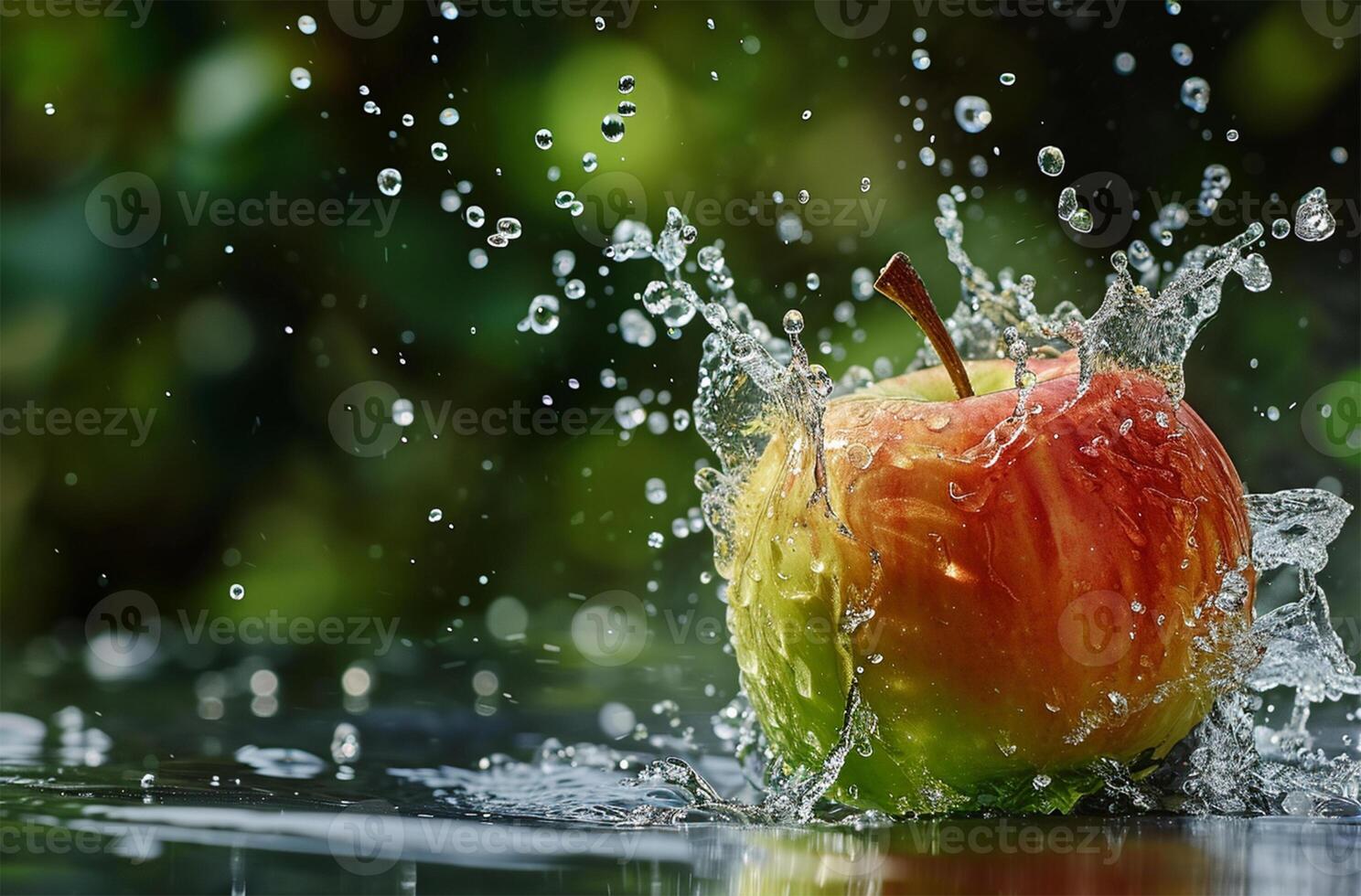 AI generated Red apple falling into water with splash and bokeh background. photo