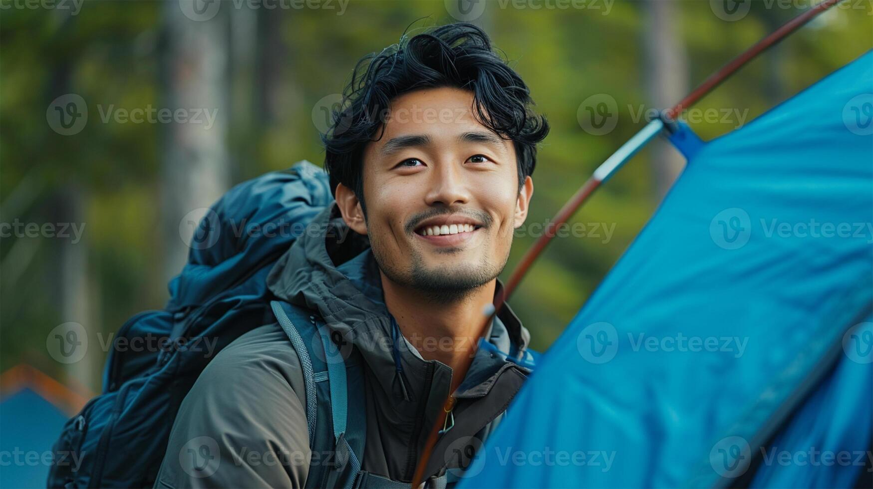AI generated Portrait of smiling man with backpack standing in front of camping tent photo