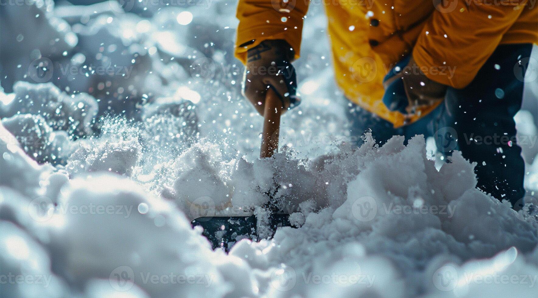 AI generated Man shoveling snow in the winter. Close-up of a shovel. photo