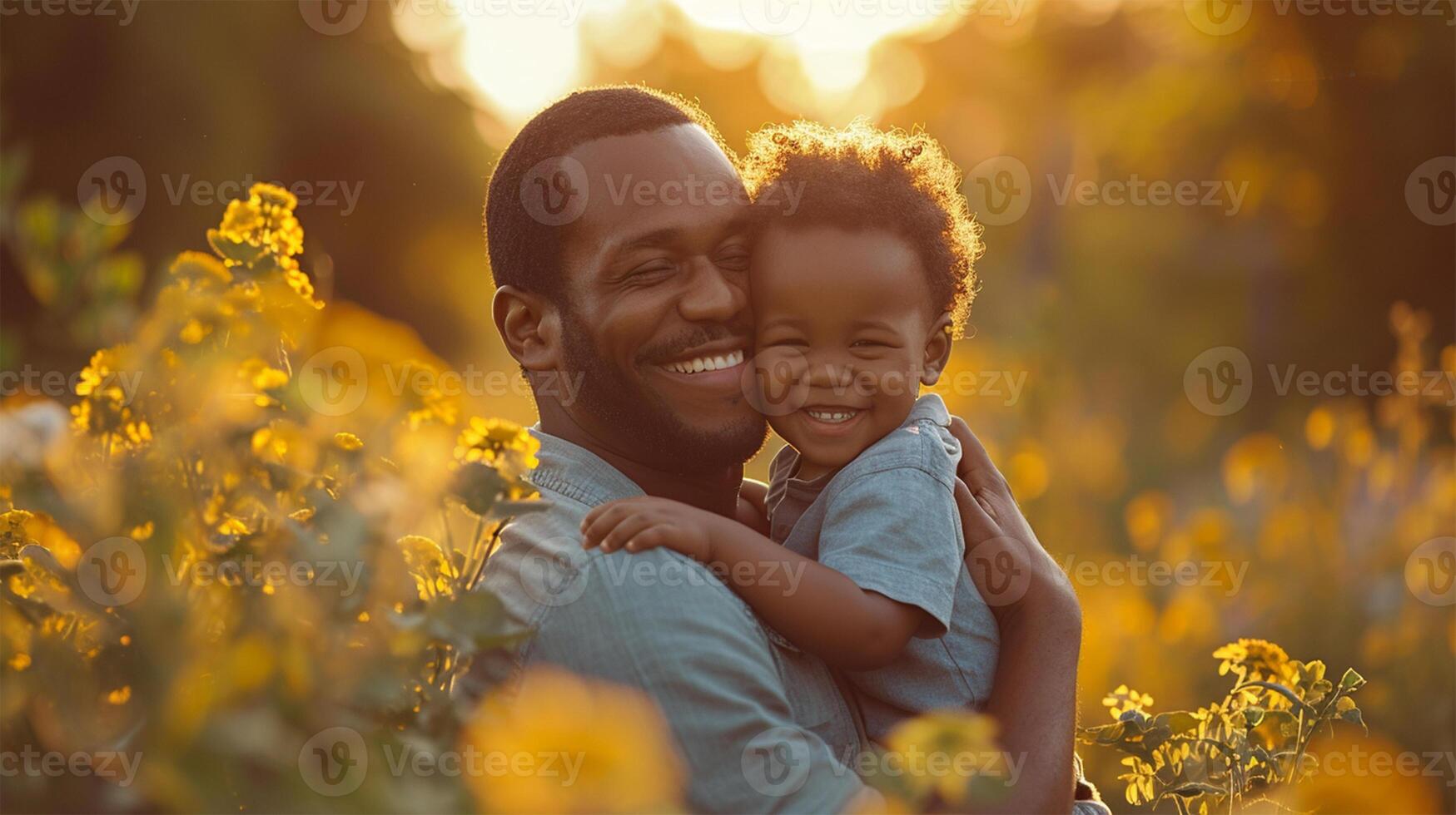 ai generado padre y hijo abrazando en el parque a puesta de sol. contento familia. foto