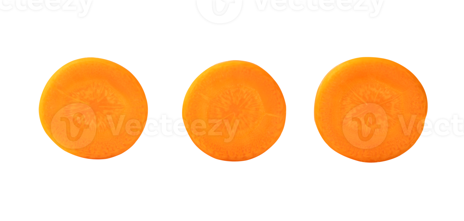 Top view of fresh beautiful carrots slices or pieces in set isolated with clipping path in png file format