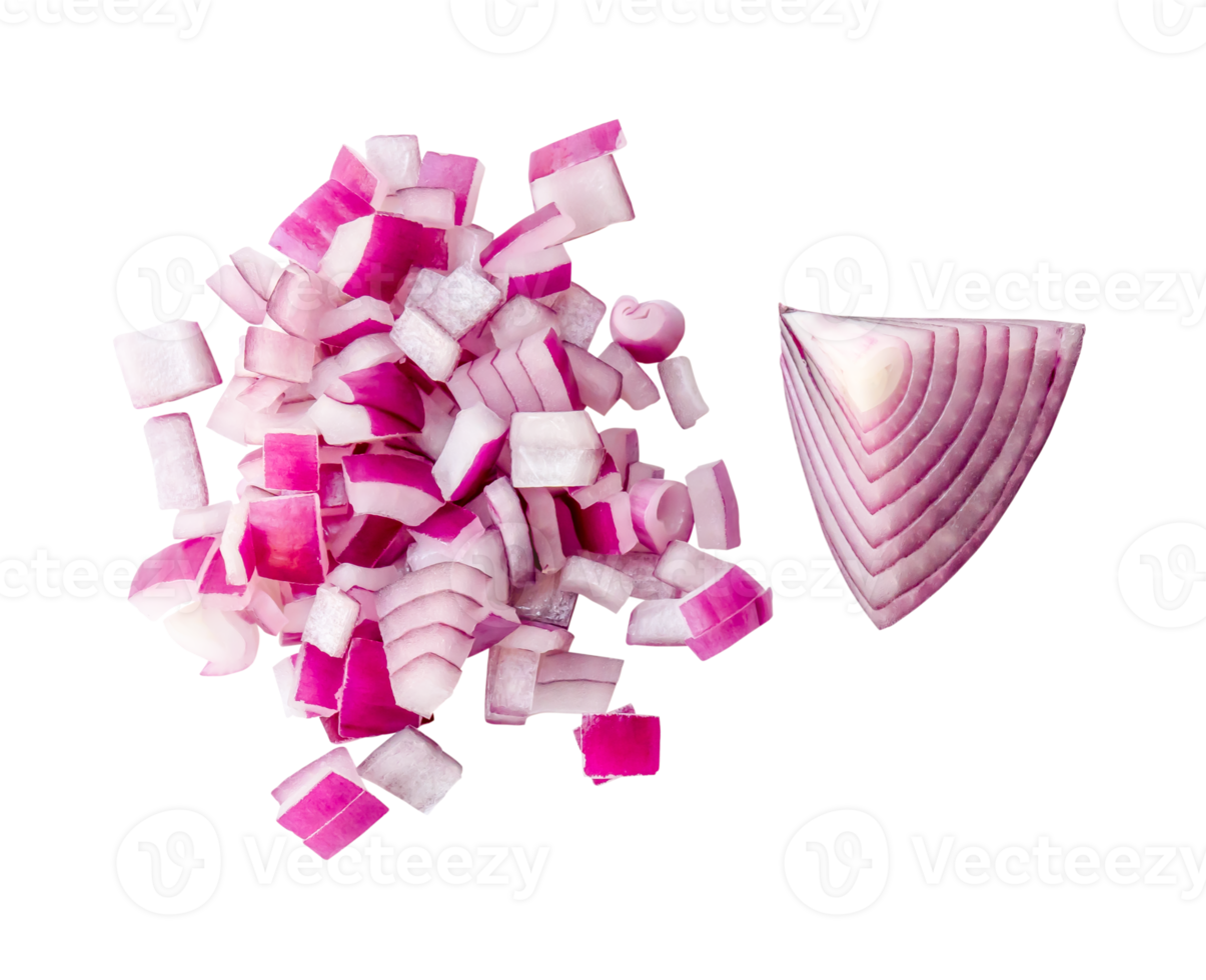Top view of fresh red or purple onion slices or pieces in stack and set isolated with clipping path. in png file format.