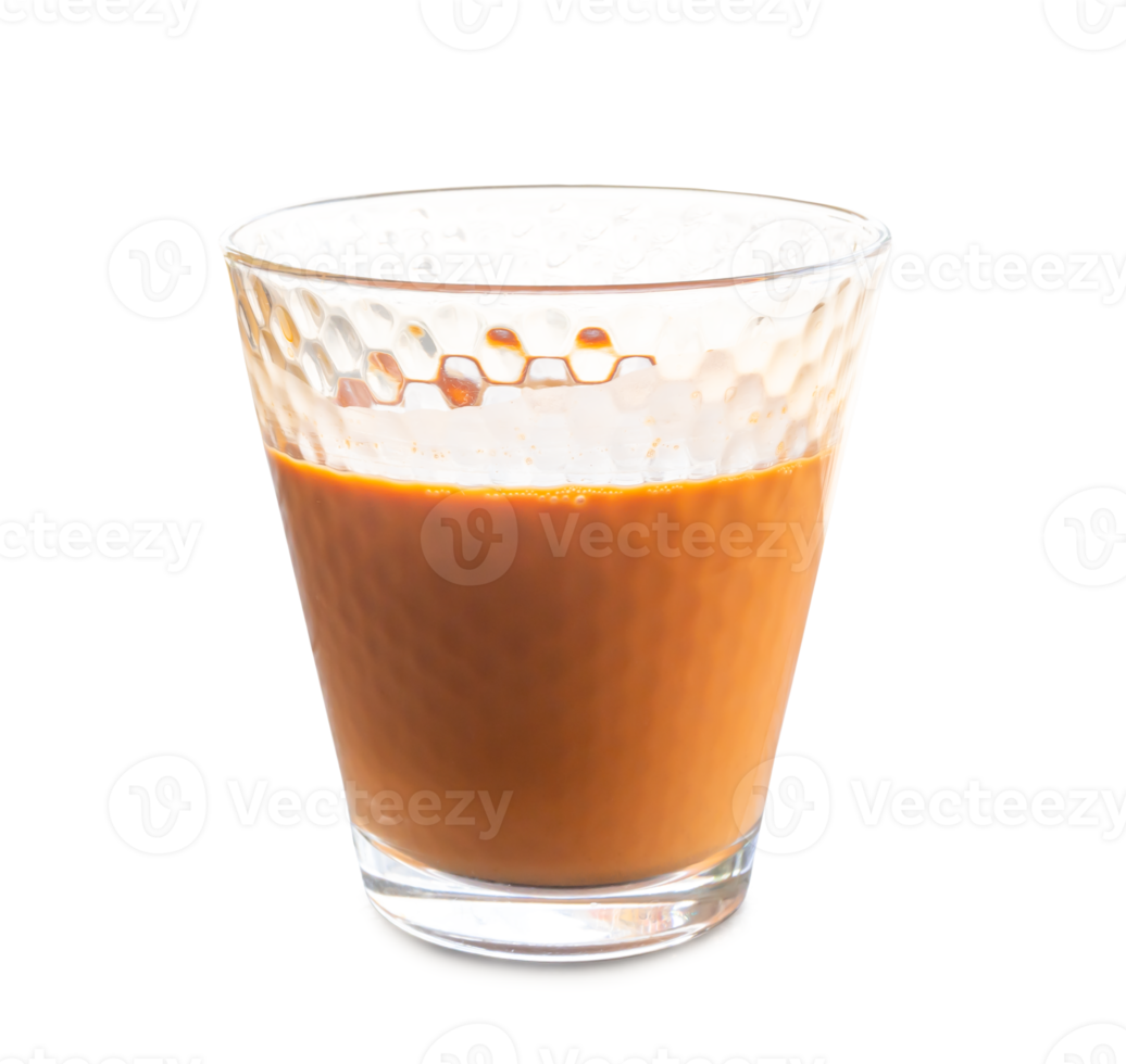 Hot orange Thai tea sweetened condensed milk in transparent glass isolated with clipping path in png file format