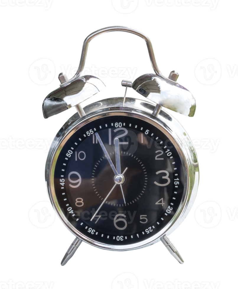 Black and silver alarm clock isolated with clipping path in png file format. 12 o'clock noon and lunch time reminder. Time concept