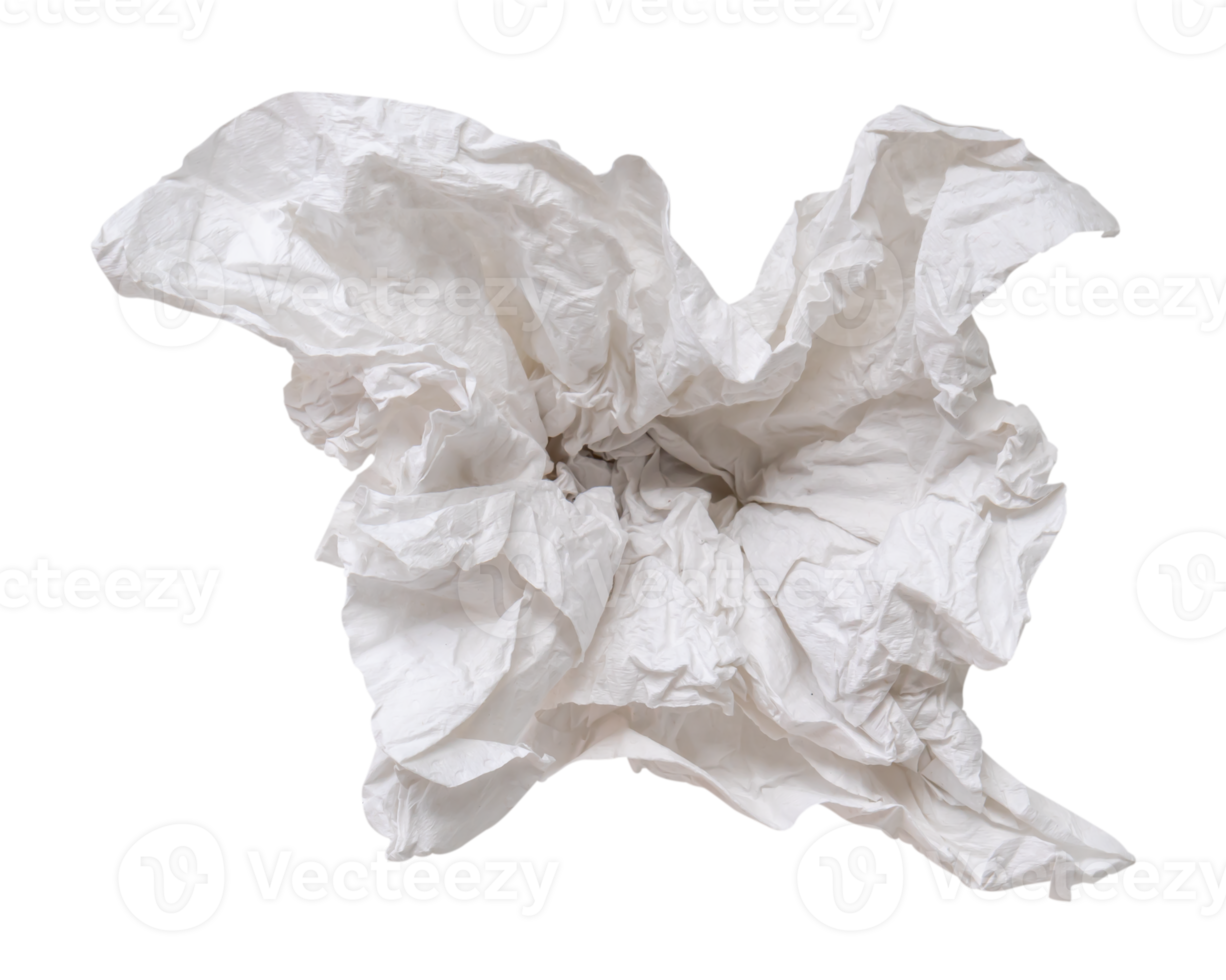 Top view of single screwed or crumpled tissue paper or napkin in strange shape after use in toilet or restroom isolated with clipping path png