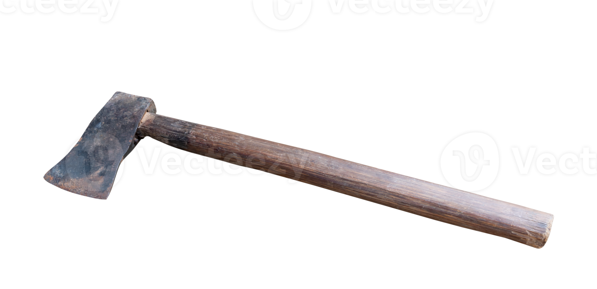 Old rust dirty dark gray axe with brown wooden handle isolated with clipping path in png file format