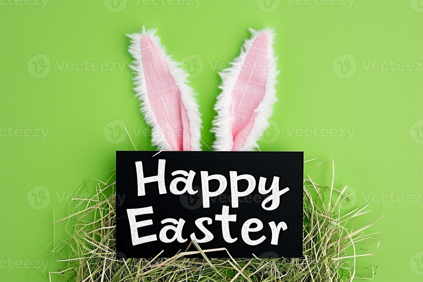 AI generated Happy Easter greeting card with white bunny ears and eggs on green background photo