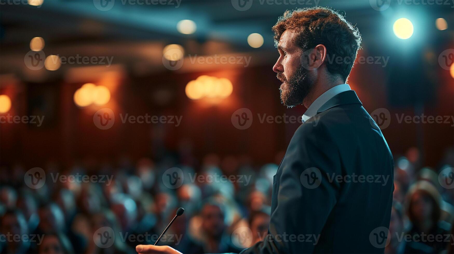 ai generado altavoz dando un hablar a negocio conferencia. audiencia en el conferencia salón. negocio y emprendimiento foto