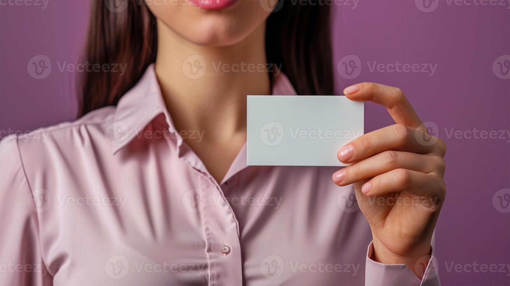 AI generated cropped shot of businesswoman holding blank business card photo