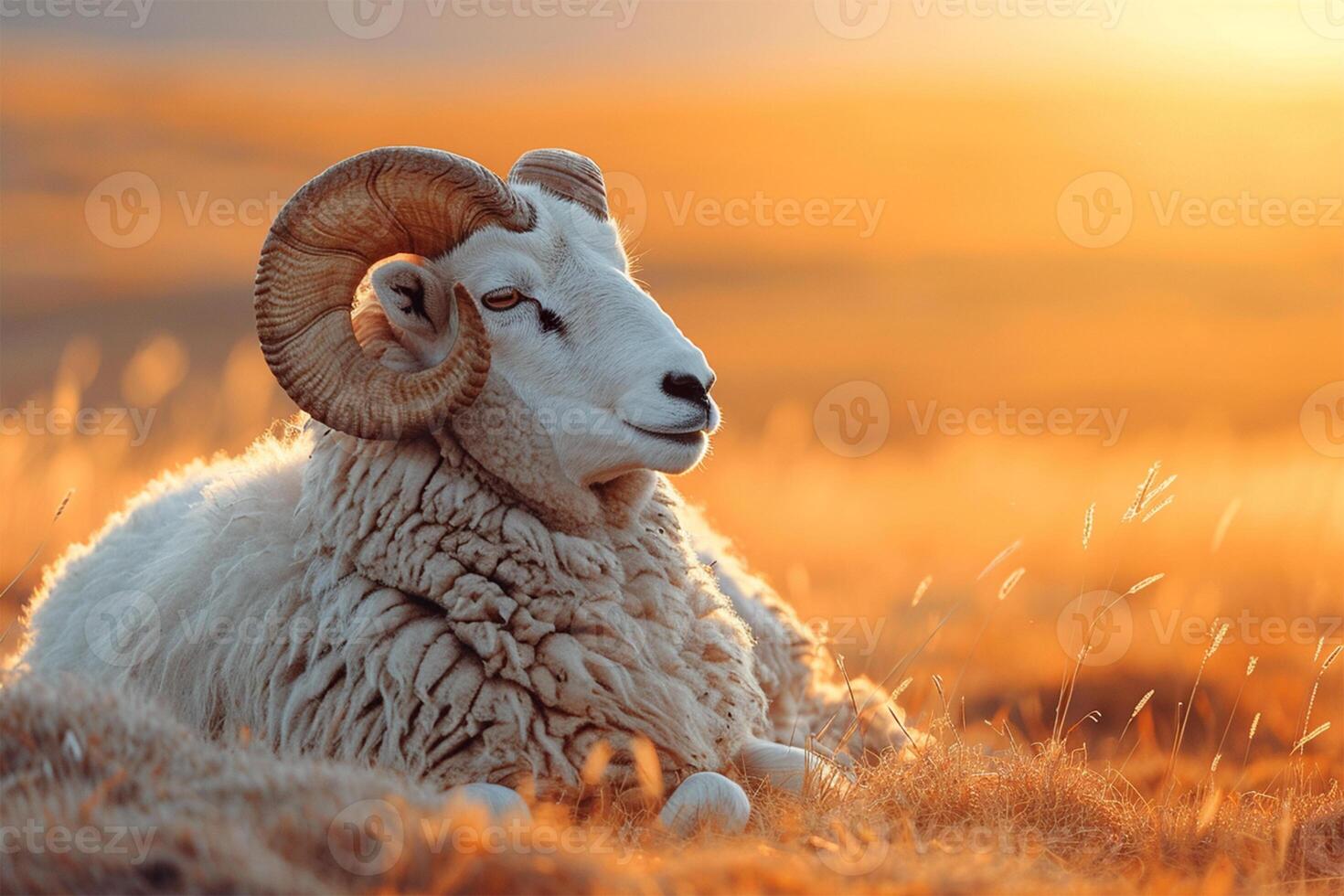 AI generated Sheep in the meadow at sunset. Beautiful nature background. photo