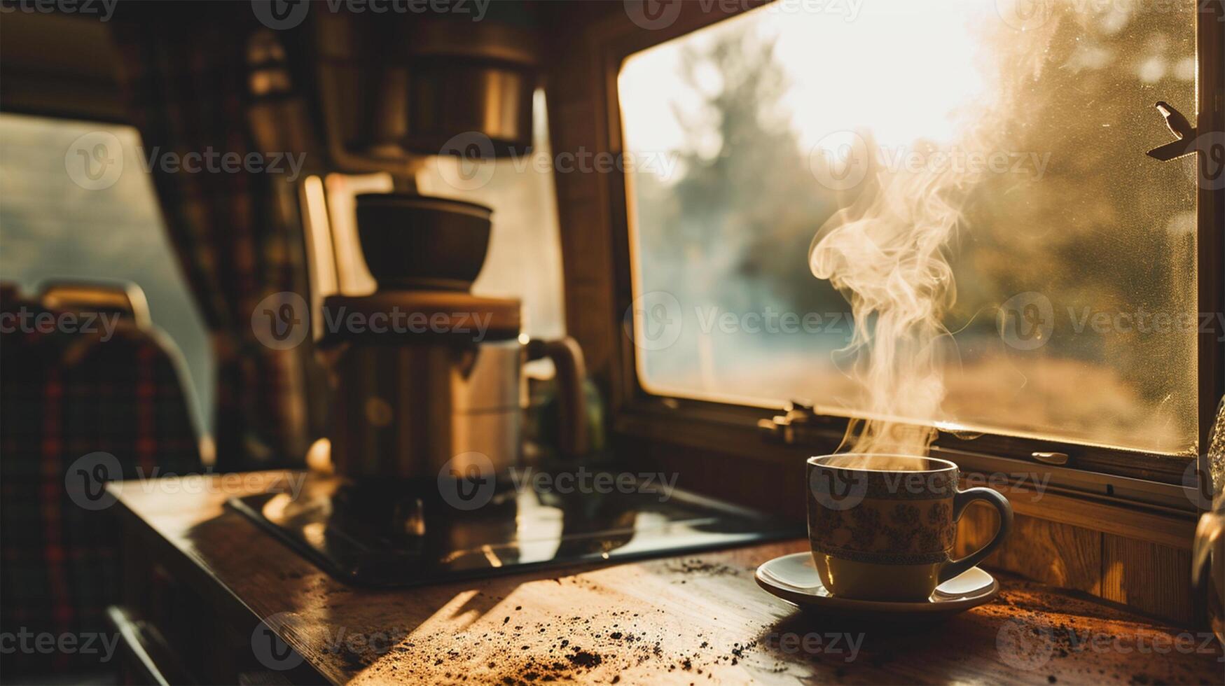 AI generated Cup of hot coffee with steam on a wooden table in the interior of a camper photo