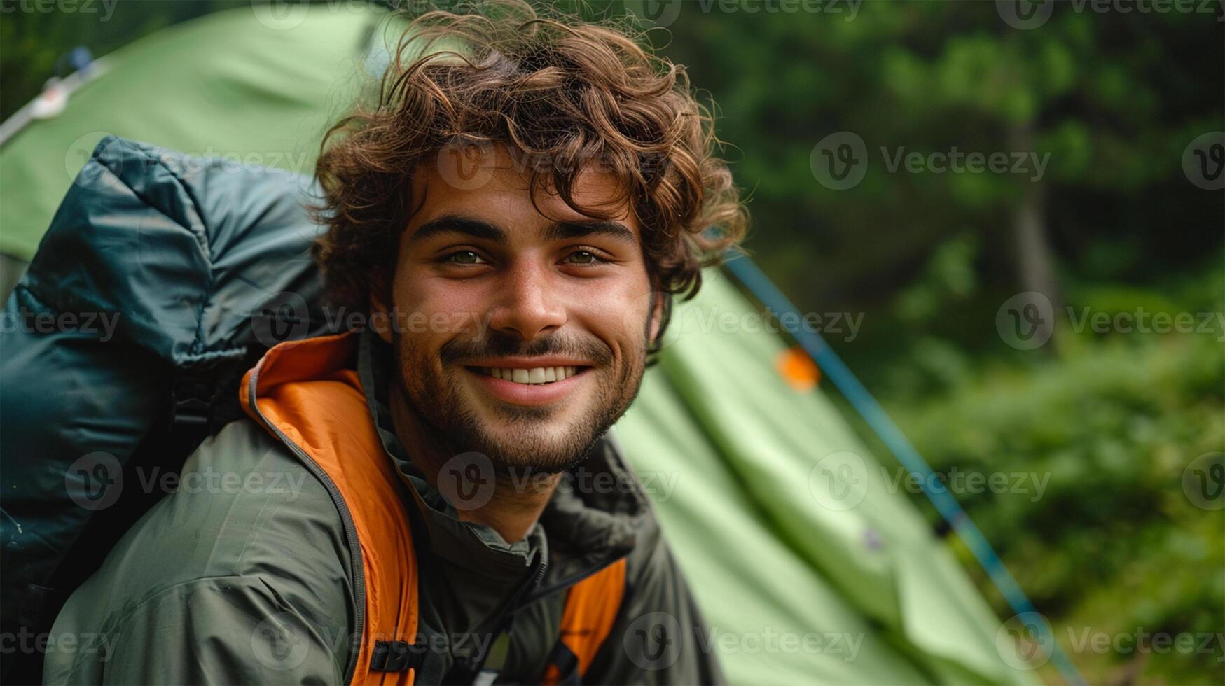 AI generated Portrait of smiling man with backpack standing in front of camping tent photo
