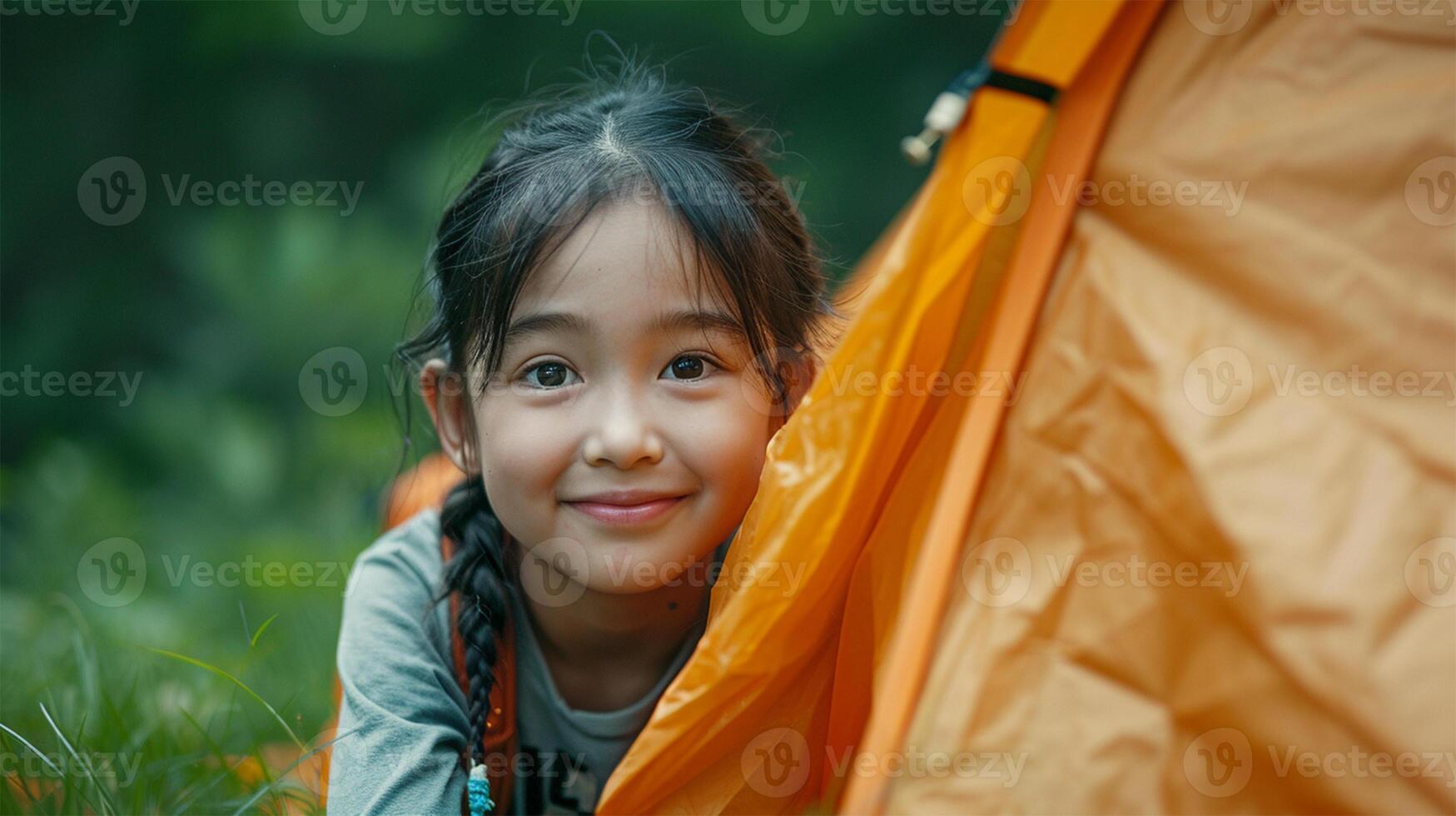 AI generated hild sitting near tent in forest  in front of camping tent photo