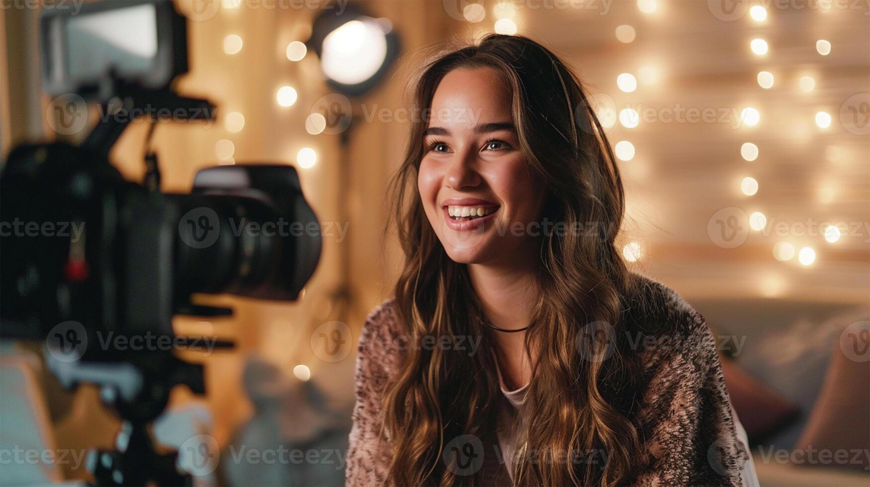AI generated Smiling young female blogger recording video for her blog. Attractive young woman in casual clothes smiling and looking at camera while sitting in cafe photo