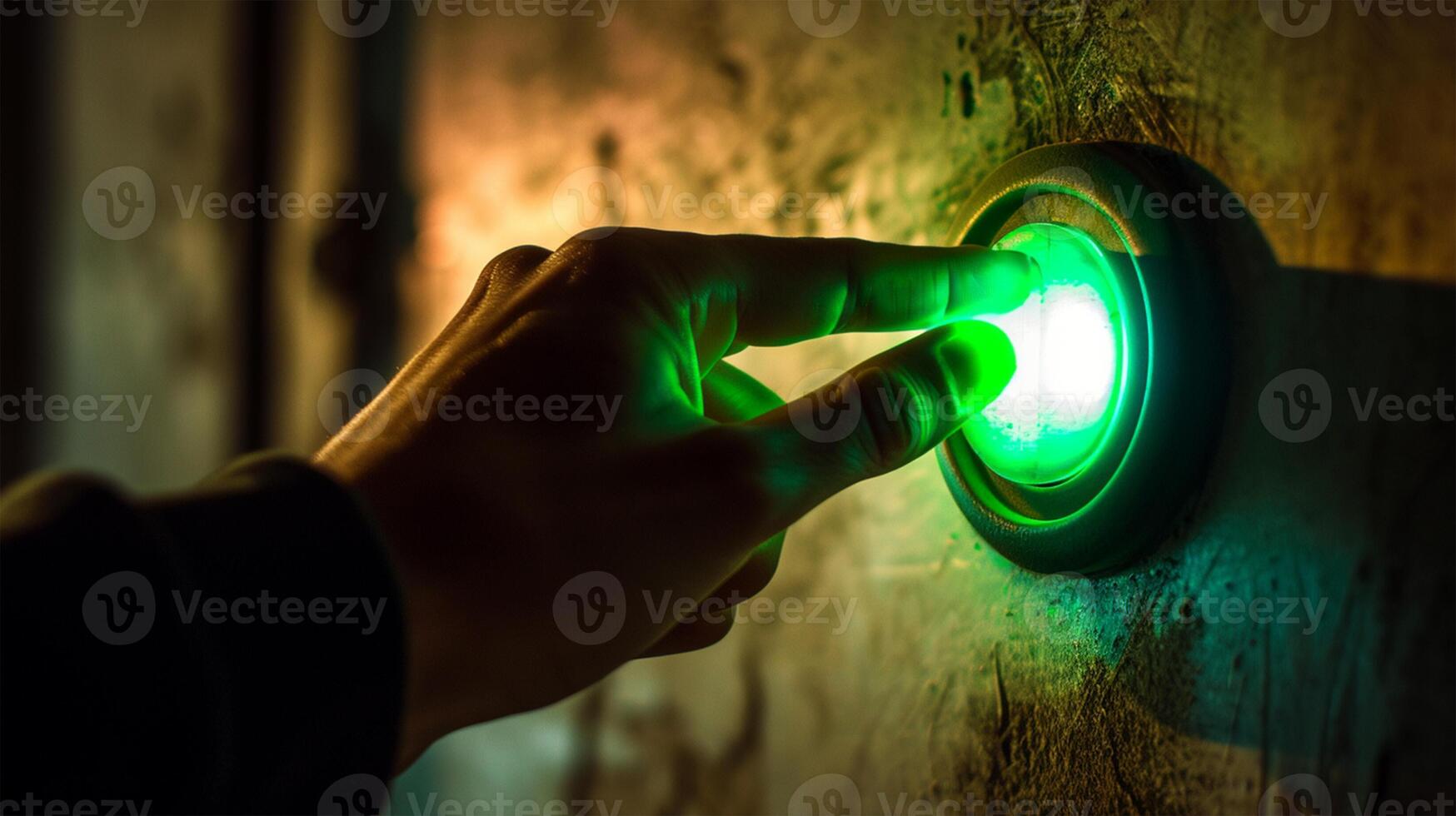 ai generado de cerca de humano mano prensado un verde botón en un verde antecedentes foto