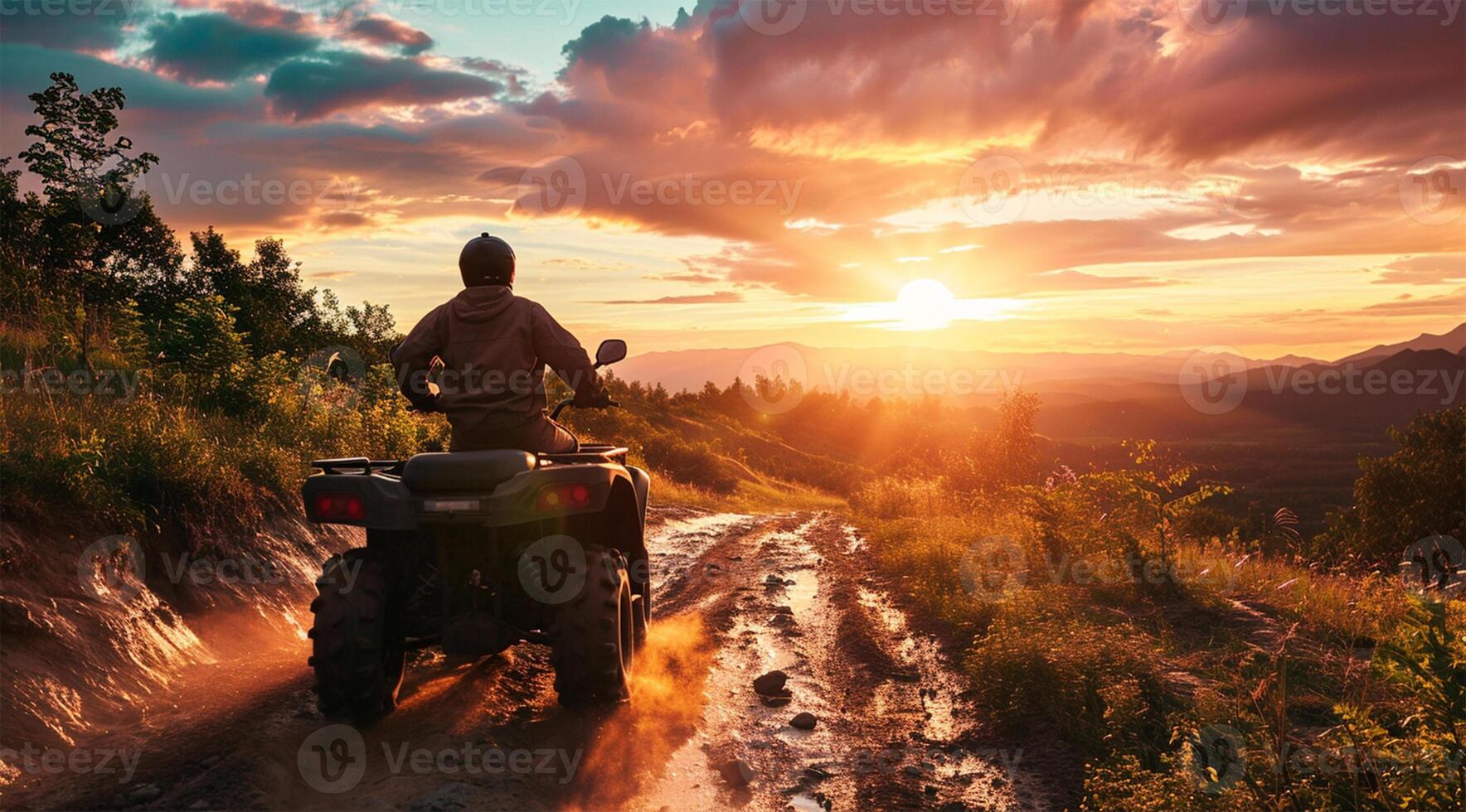 AI generated Racing quad bike on the sand in the rays of the setting sun photo