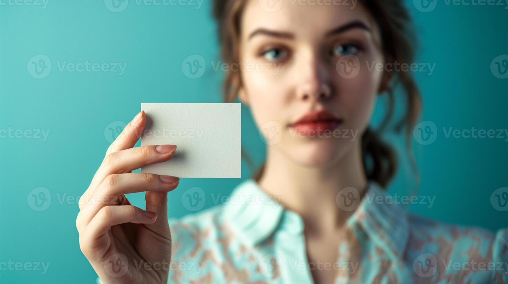 AI generated cropped shot of businesswoman holding blank business card photo