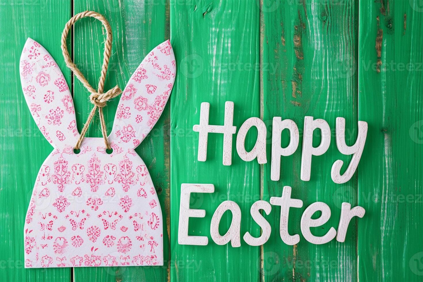 AI generated Happy Easter greeting card with white bunny ears and eggs on green background photo