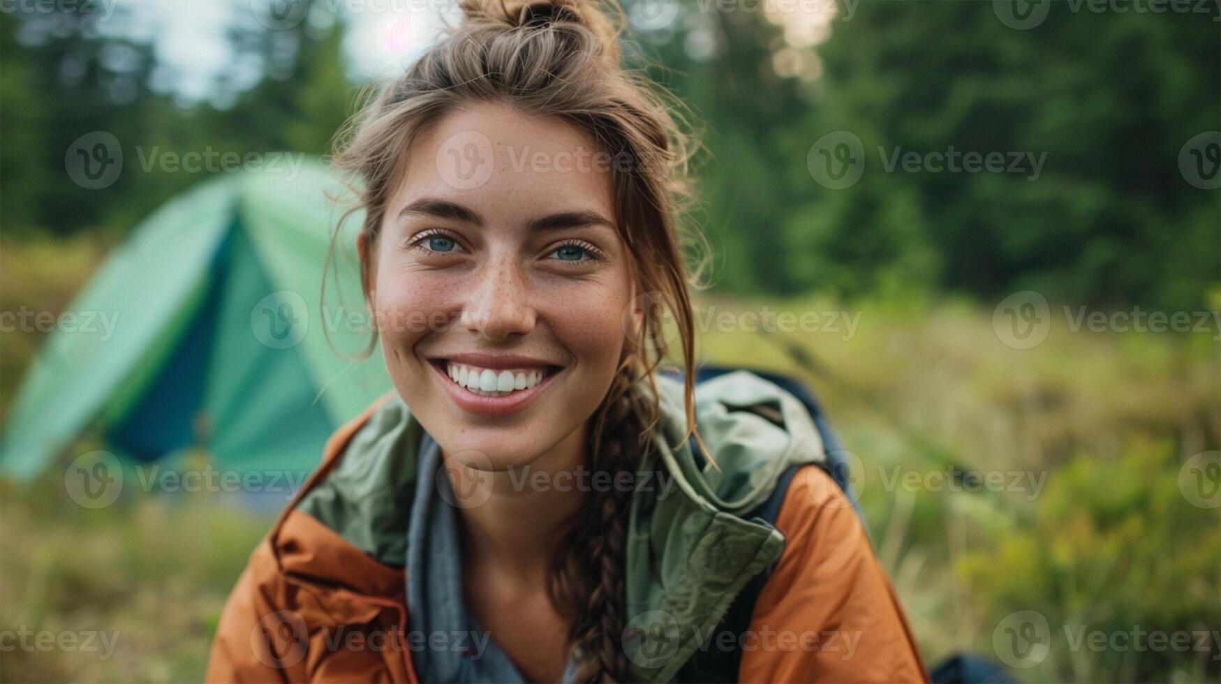 AI generated Portrait of a beautiful young woman smiling with a tent in the background photo