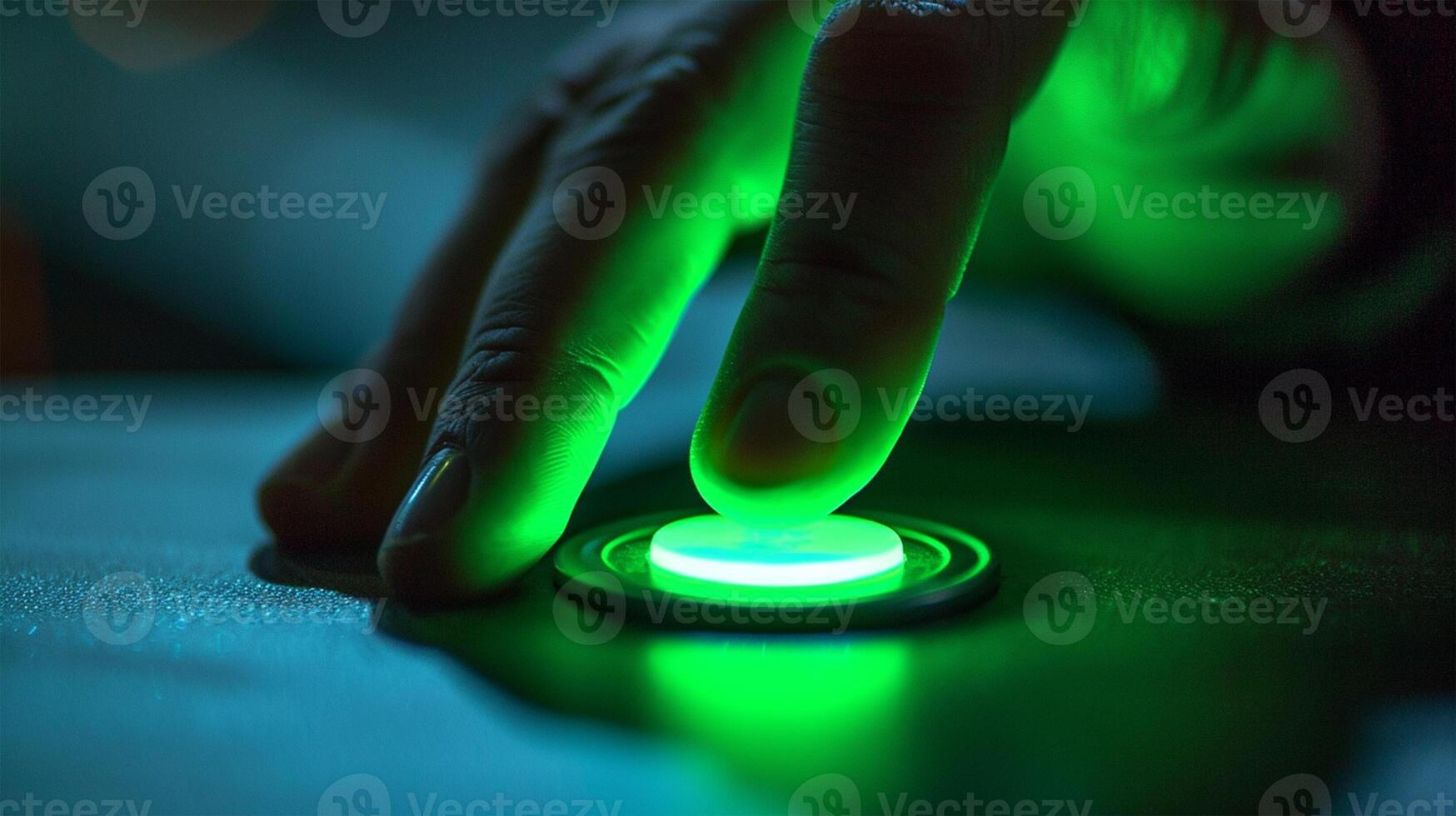 AI generated Closeup of human hand pressing a green button on a green background photo