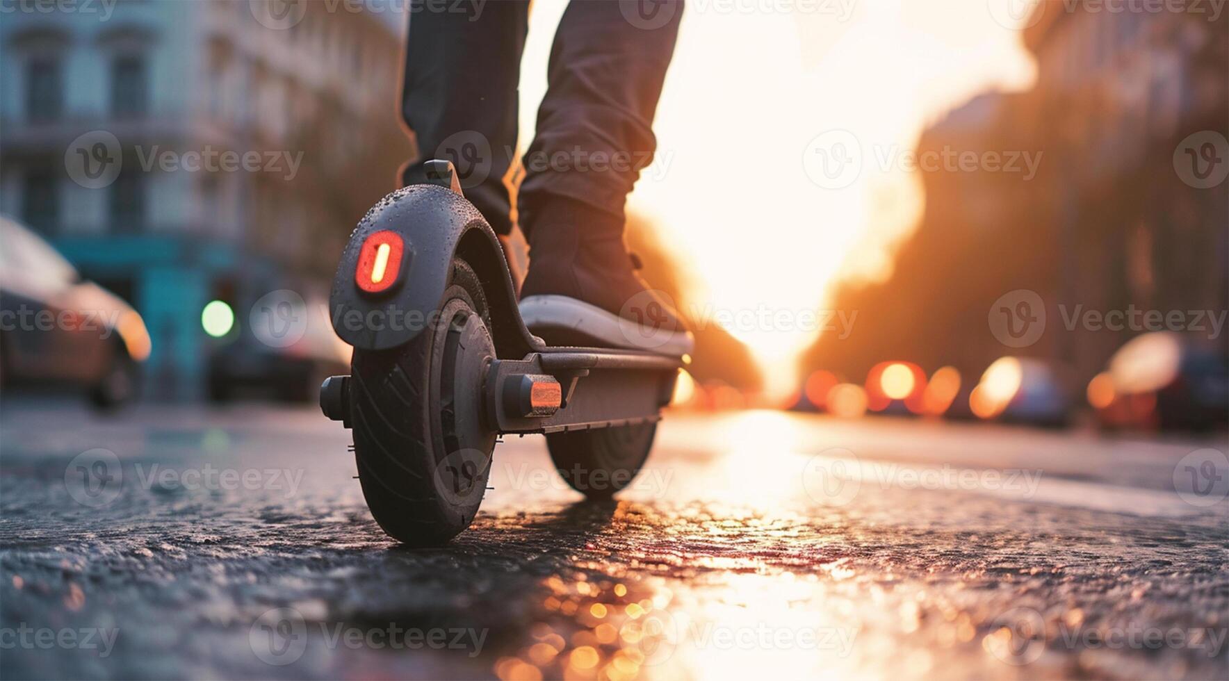 ai generado joven hombre montando un patada scooter en el calle a puesta de sol. foto