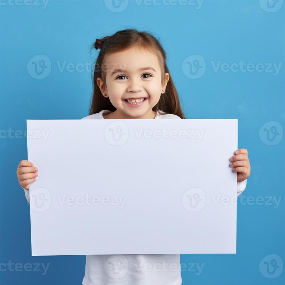 AI generated smiling little girl holding blank white sheet of paper on blue background photo