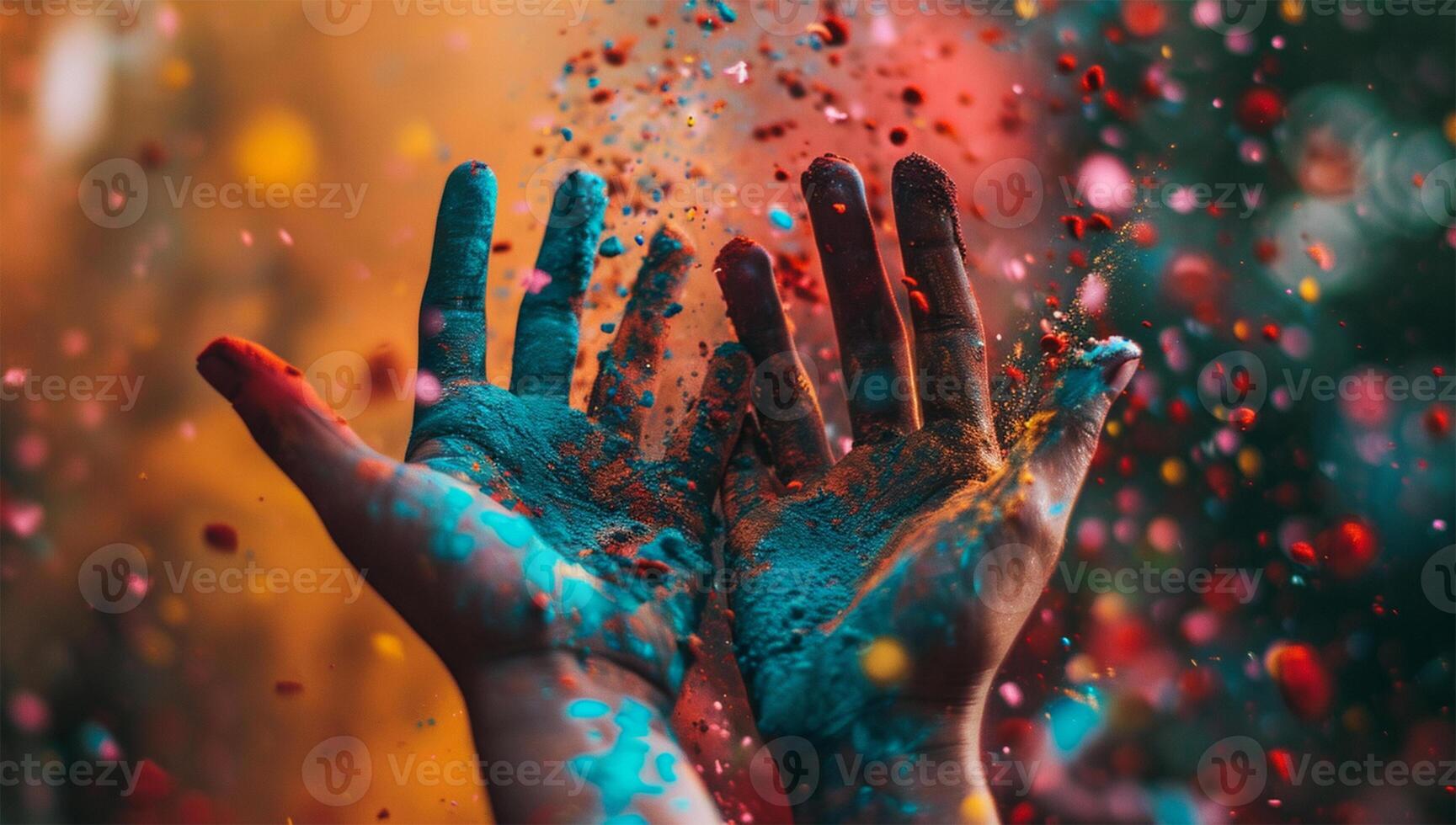 AI generated Hands covered in colored paint. Holi festival. India. photo