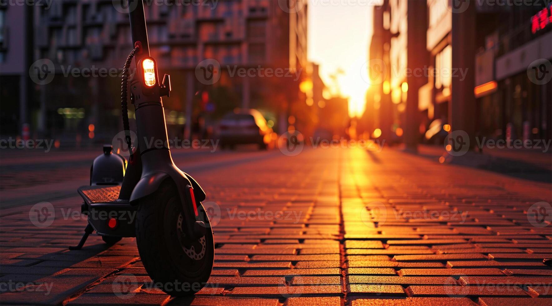 AI generated Young man riding a kick scooter on the street at sunset. photo