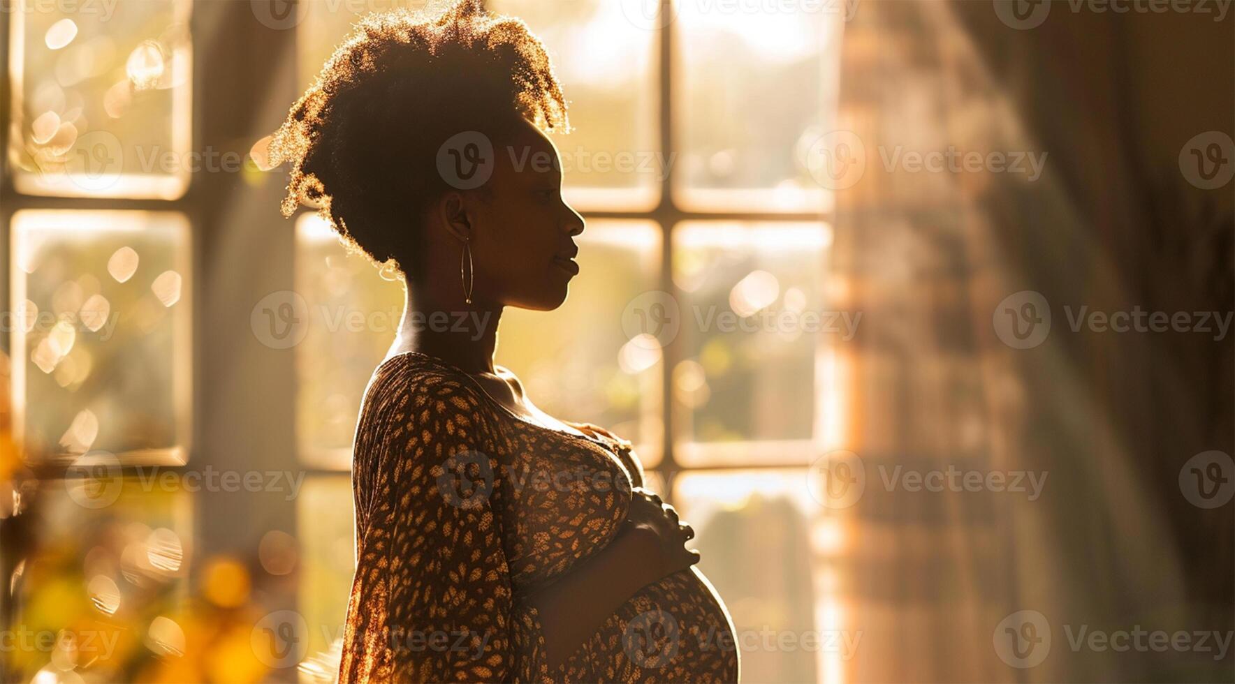 AI generated beautiful african american pregnant woman standing near window at home photo