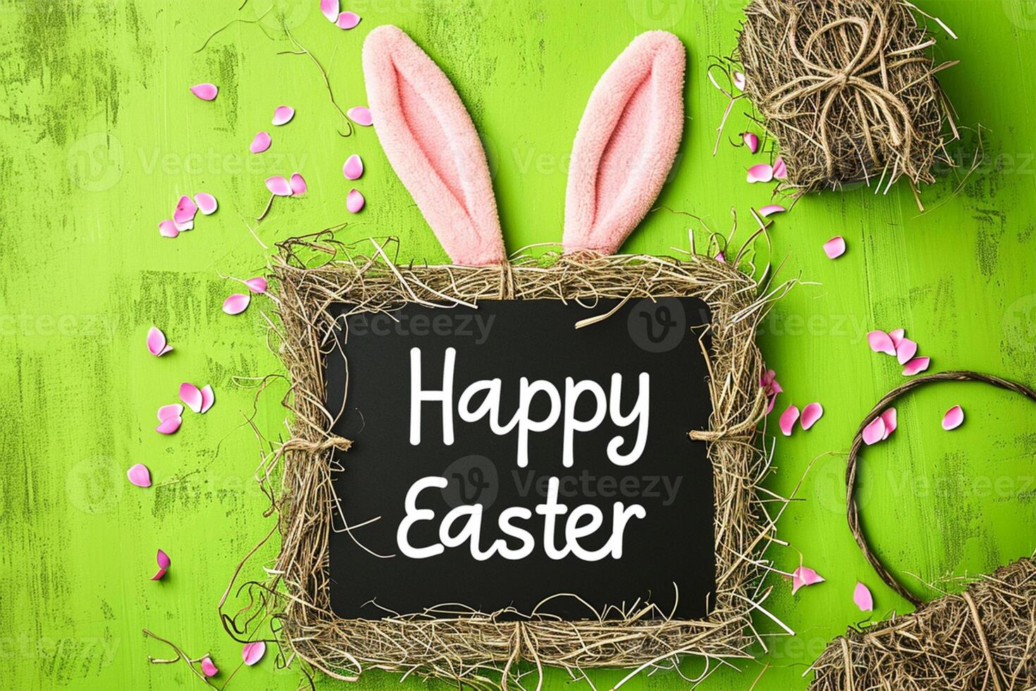 AI generated Happy Easter greeting card with white bunny ears and eggs on green background photo