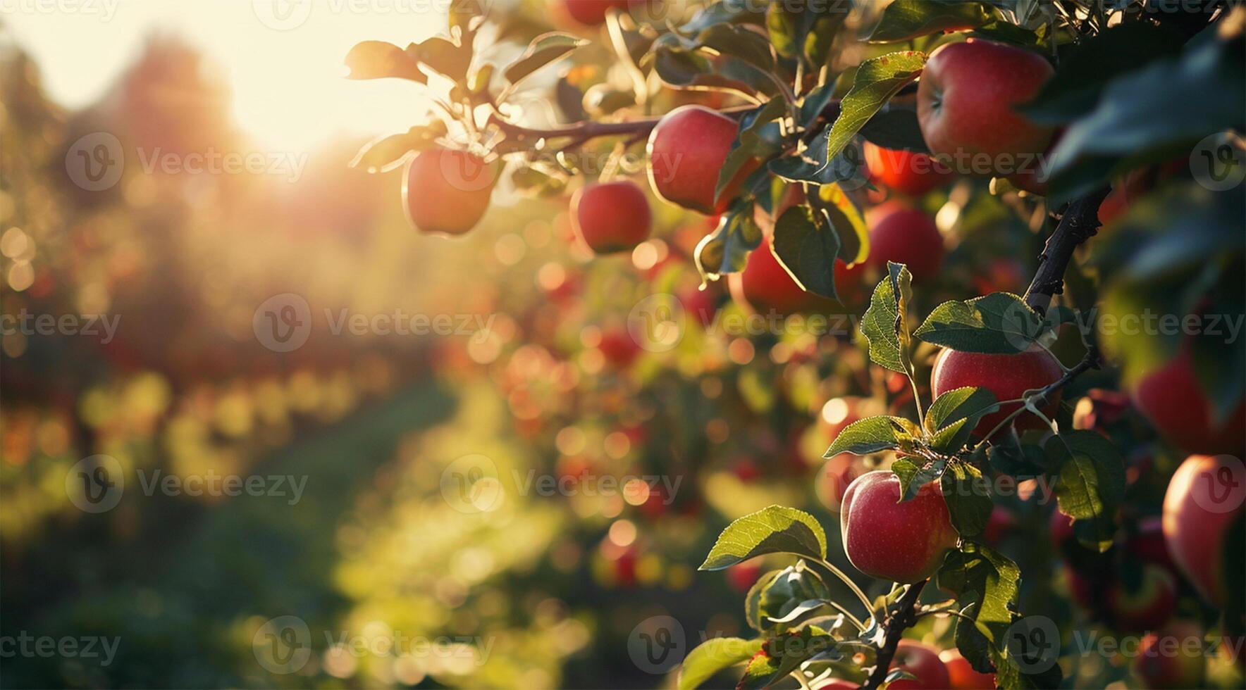 AI generated Ripe red apples on apple tree branch in orchard at sunset photo