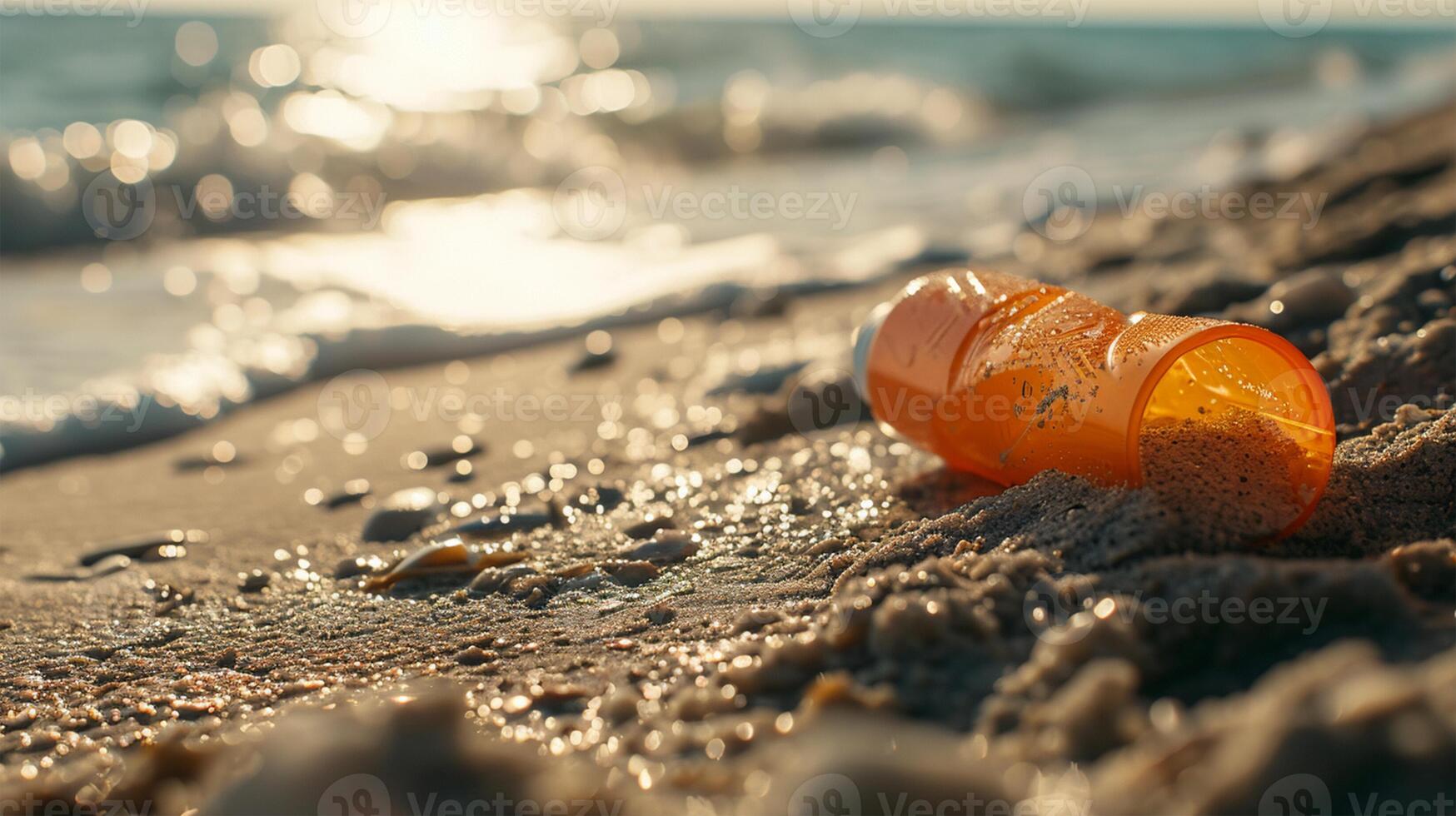 AI generated Sunscreen lotion bottle on the beach with sea and sunset background photo