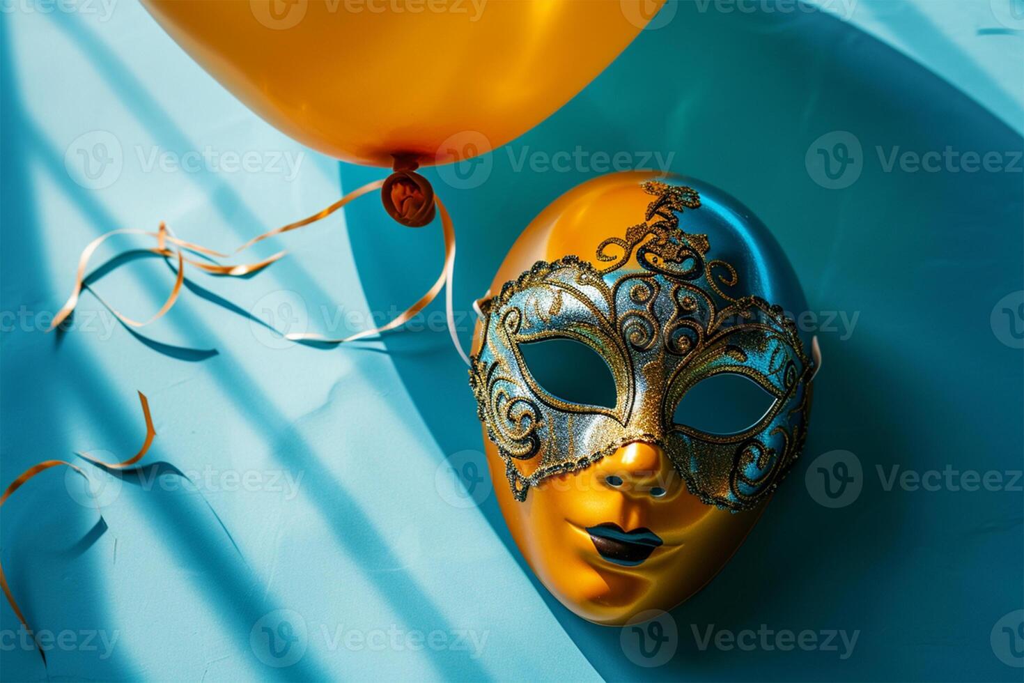 AI generated Carnival mask with orange balloons on a blue background. Holiday concept. photo