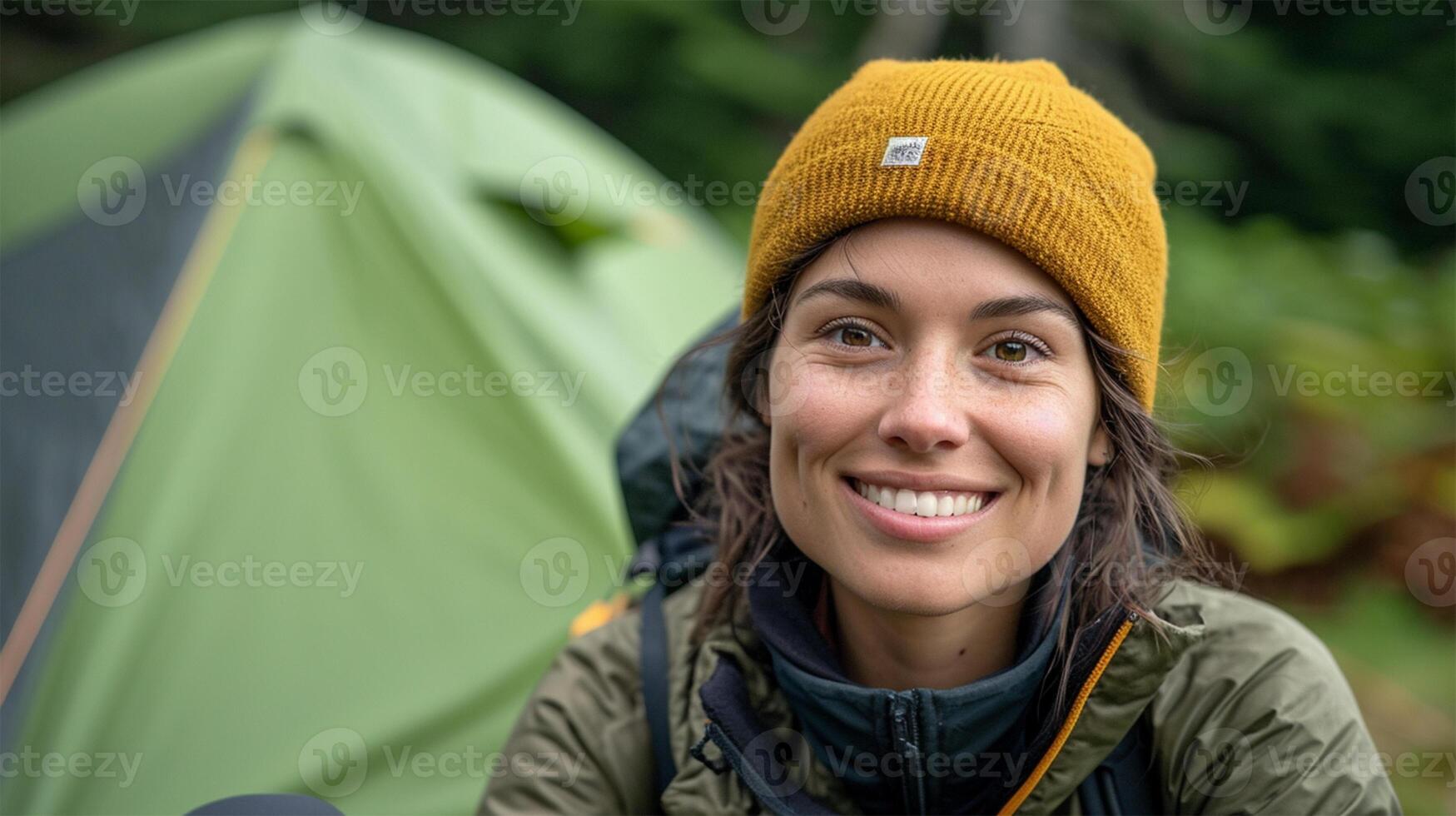 ai generado retrato de un hermosa joven mujer sonriente con un tienda en el antecedentes foto