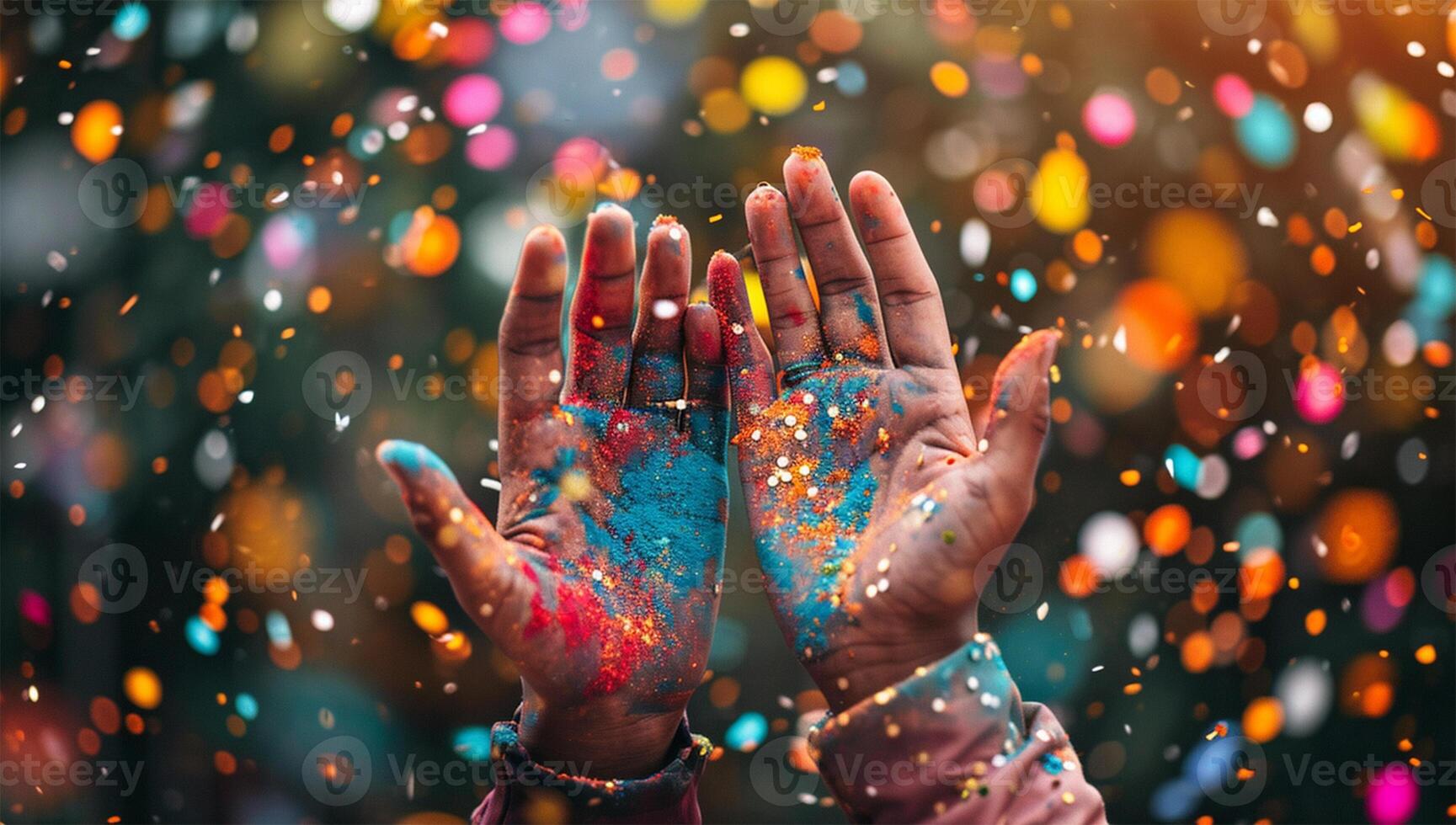 AI generated Hands covered in colored paint. Holi festival. India. photo