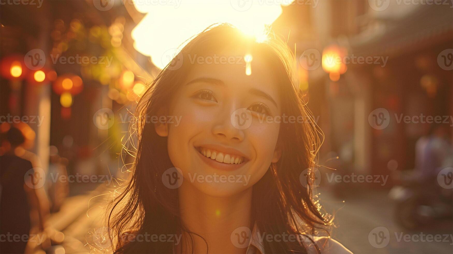 AI generated Portrait of a beautiful young woman on the street at sunset. photo