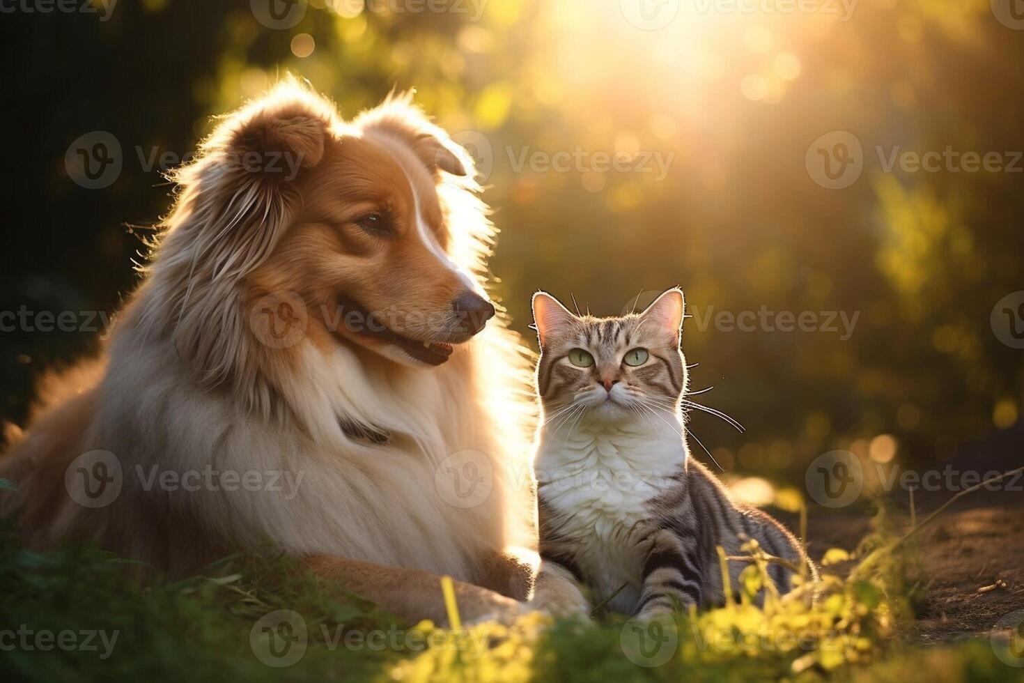 AI generated Portrait of cat and dog happy friends sitting together. Pets friendship photo