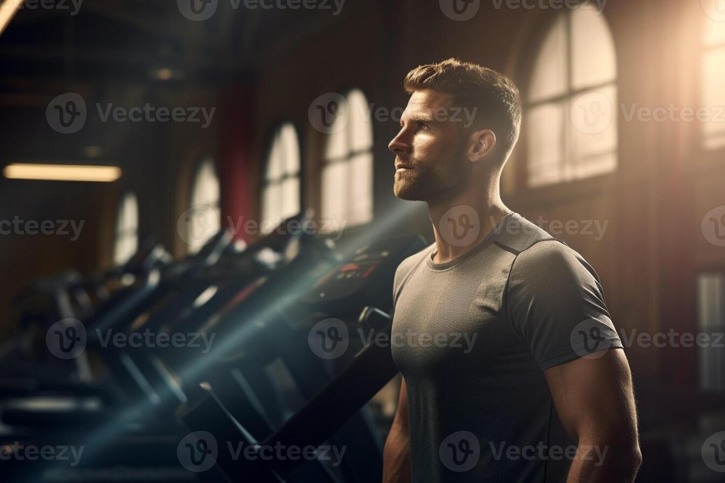 AI generated A strong man sportsman in gym. Fitness club, sport life style banner with strong male and copy space for text photo