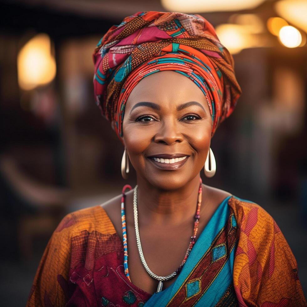 AI generated African mature woman in traditional clothes portrait. Senior adult black lady traditionally dressed in colorful clothing and head wrap. Black History Month concept. photo