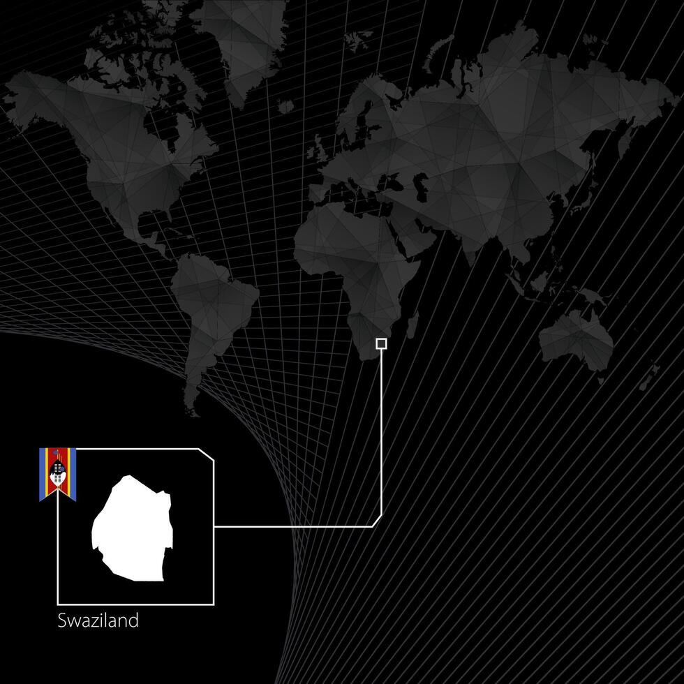 Swaziland on black World Map. Map and flag of Swaziland. vector