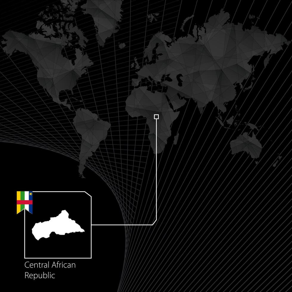 Central African Republic on black World Map. Map and flag of CAR. vector