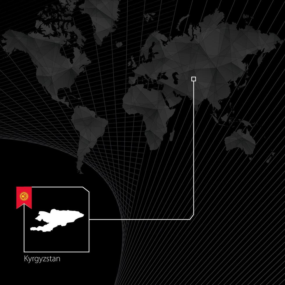 Kirguistán en negro mundo mapa. mapa y bandera de Kirguistán. vector