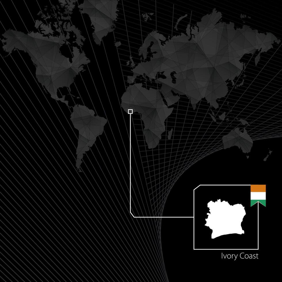 Ivory Coast on black World Map. Map and flag of Ivory Coast. vector