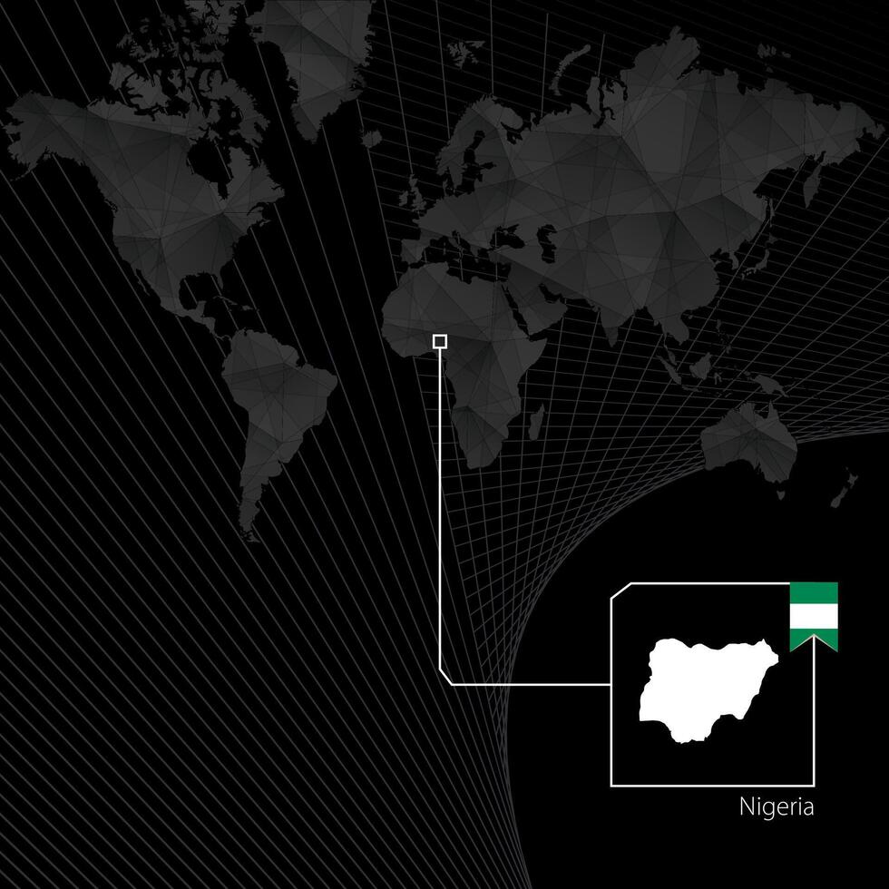 Nigeria en negro mundo mapa. mapa y bandera de Nigeria. vector