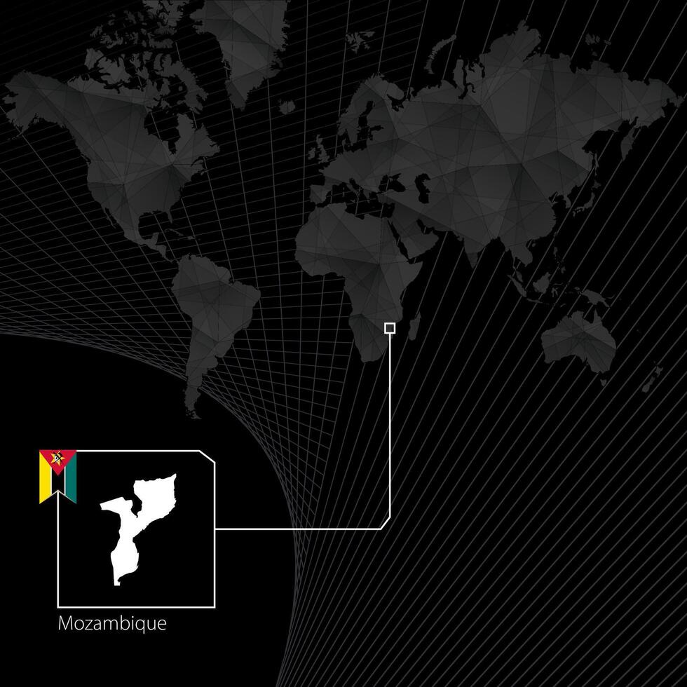 Mozambique on black World Map. Map and flag of Mozambique. vector
